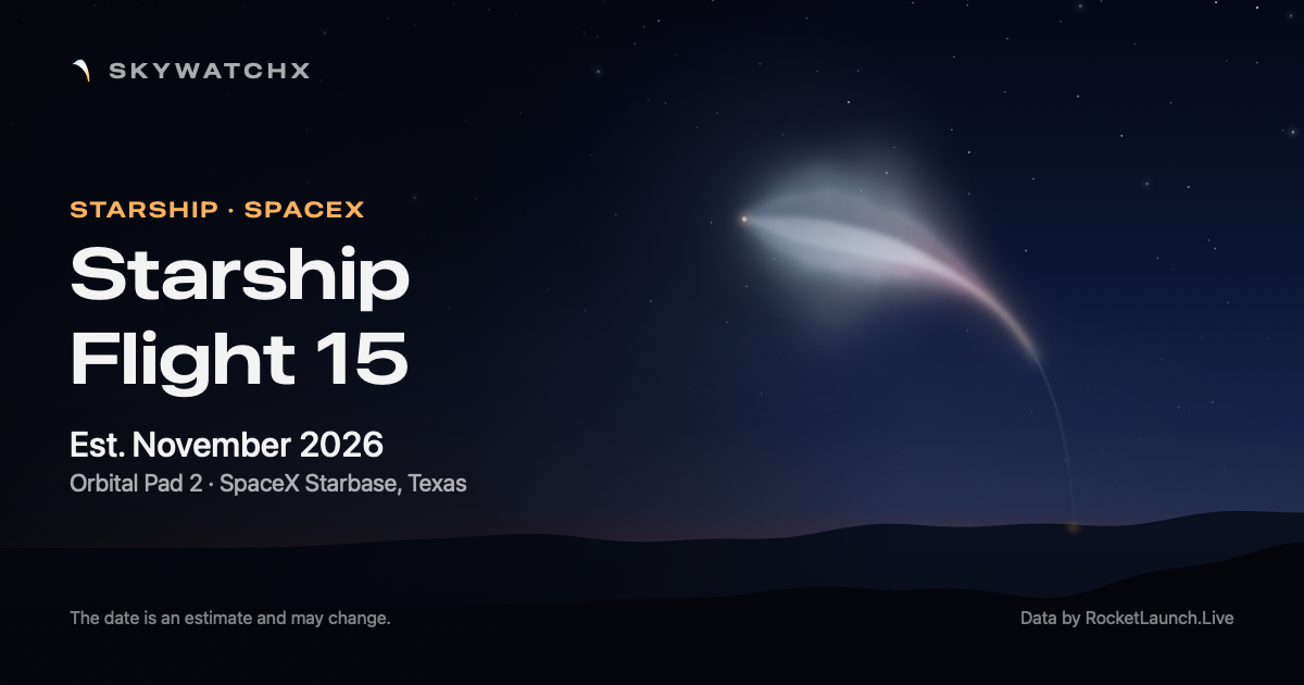 Starship Flight 15: Est. November 2026, Orbital Pad 2 · SpaceX Starbase, Texas